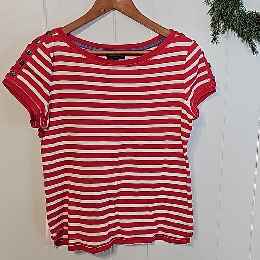Ralph Lauren Jeans Co. Top Womens L Y2K Stripes 100% Cotton Embellished Button